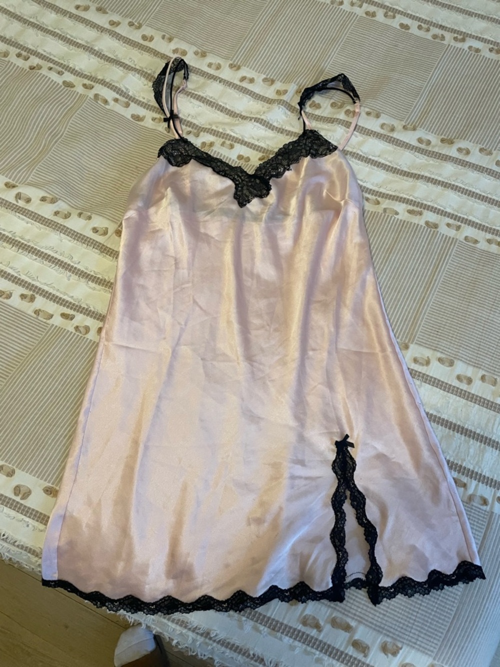 Victoria's Secret Pink Satin Slip with Black Lace Trim
